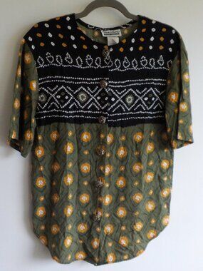 Connections Blouse -  Small - Black Green Orange Button Up Short Sleeve (2161)